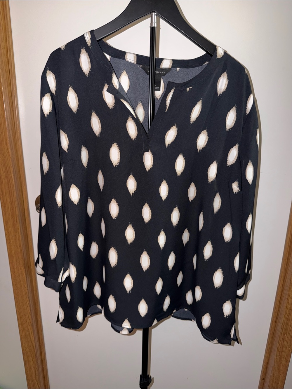 Investments Black Blouse with White Ikat Dot Pattern